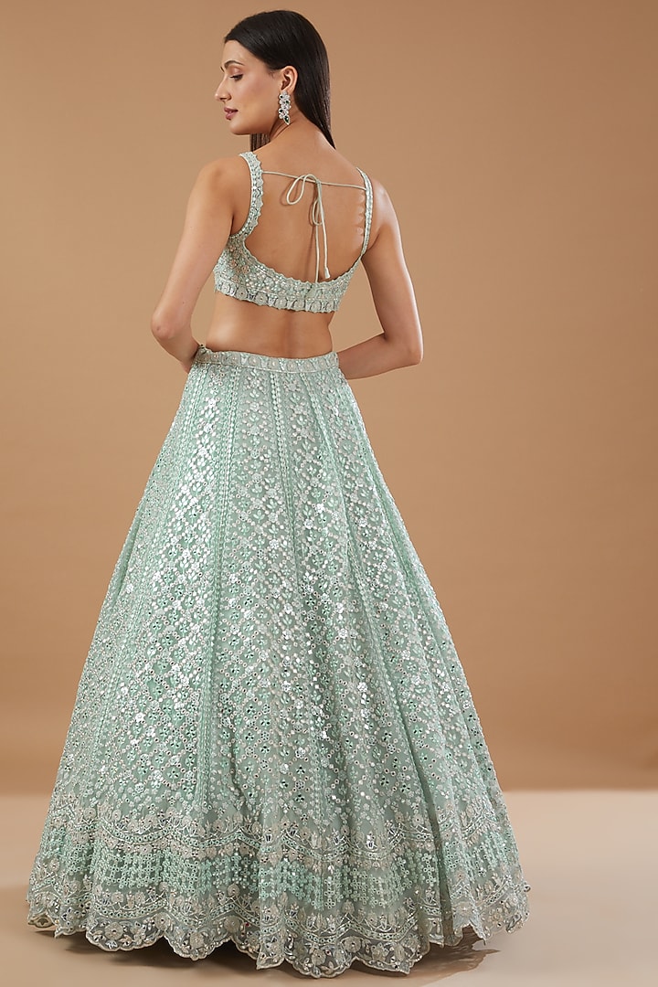 Mint Green Soft Organza Embroidered Bridal Lehenga Set by Aneesh Agarwaal at Pernia's Pop Up Shop
