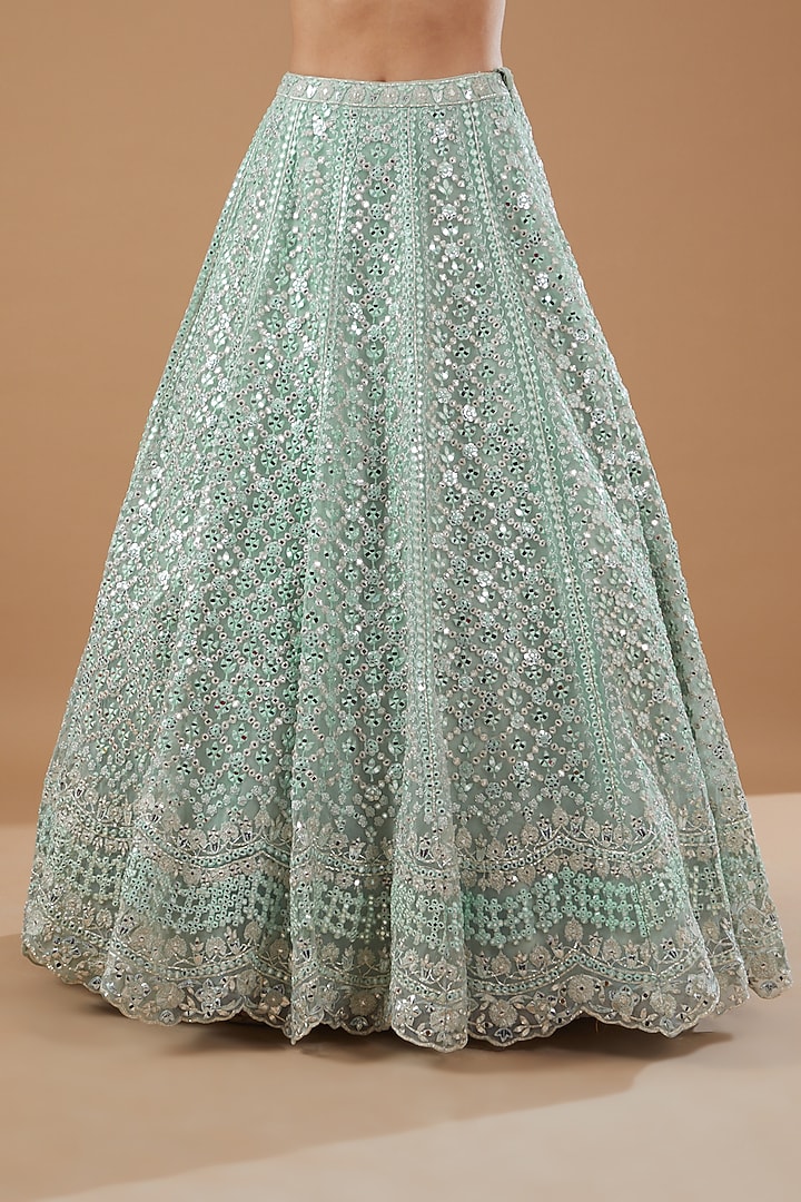 Mint Green Soft Organza Embroidered Bridal Lehenga Set by Aneesh Agarwaal at Pernia's Pop Up Shop