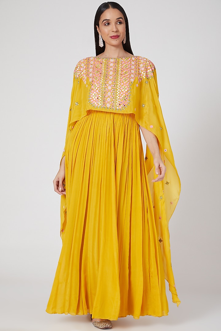 Yellow Embroidered Anarkali Kurta by Aneesh Agarwaal PRET at Pernia's Pop Up Shop