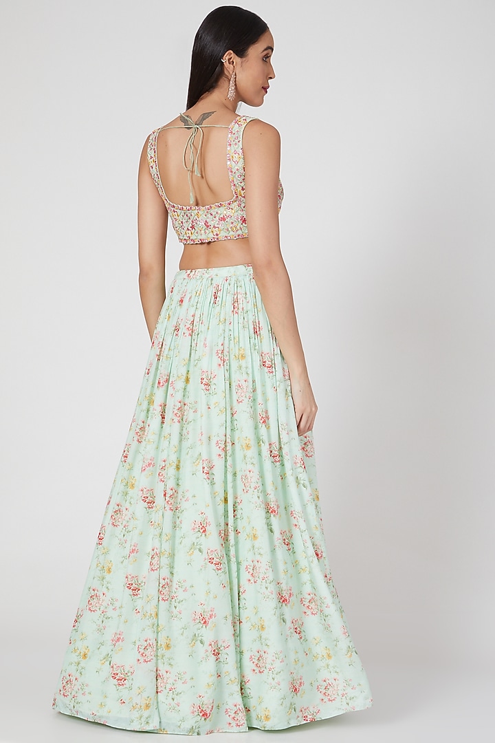 Mint Green Silk Muslin Printed Wedding Lehenga Set by Aneesh Agarwaal PRET at Pernia's Pop Up Shop