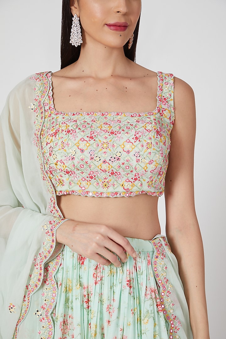 Mint Green Silk Muslin Printed Wedding Lehenga Set by Aneesh Agarwaal PRET at Pernia's Pop Up Shop