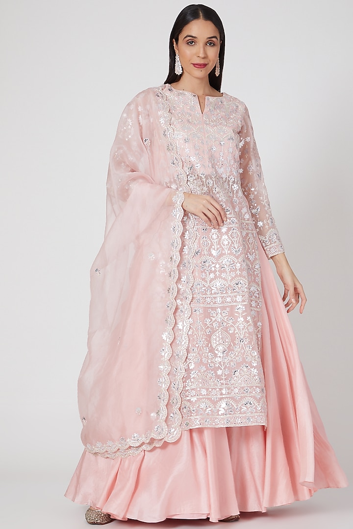 Blush Pink Skirt Set With Mirror Work by Aneesh Agarwaal PRET