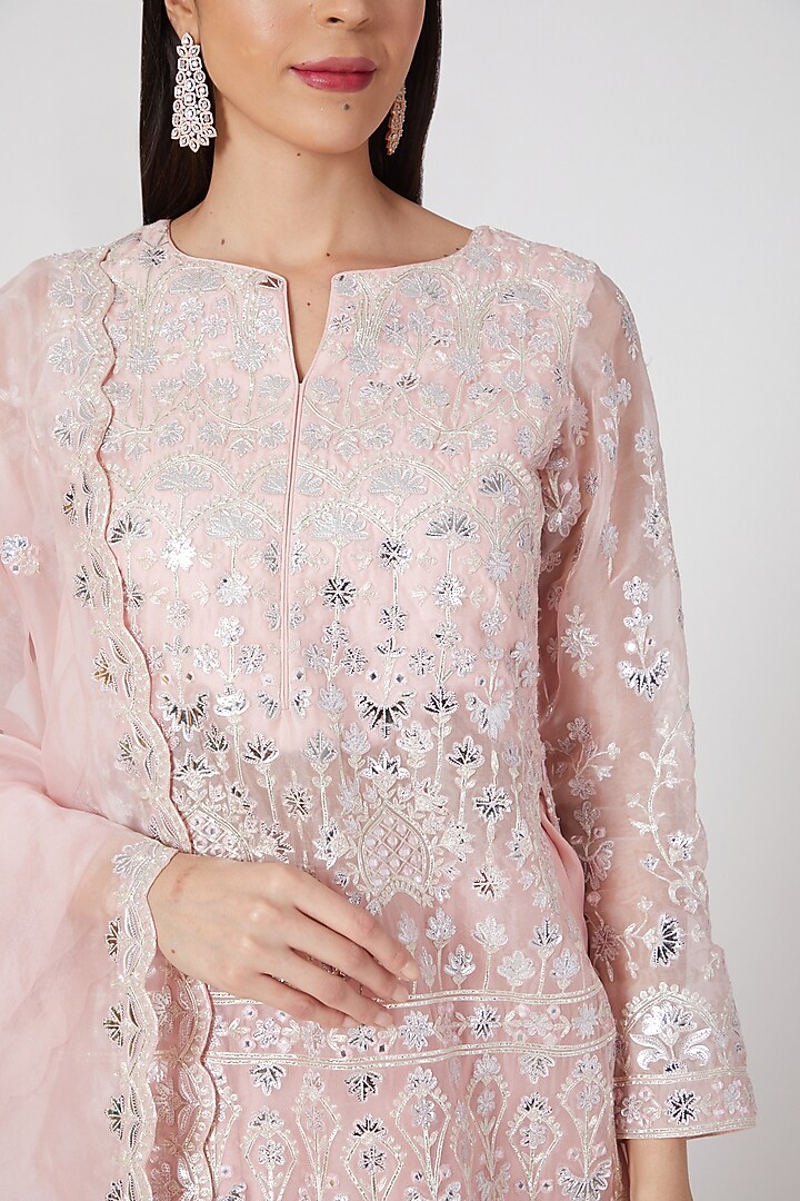 Blush Pink Silk & Organza Mirror Work Kurta Set by Aneesh Agarwaal PRET at Pernia's Pop Up Shop