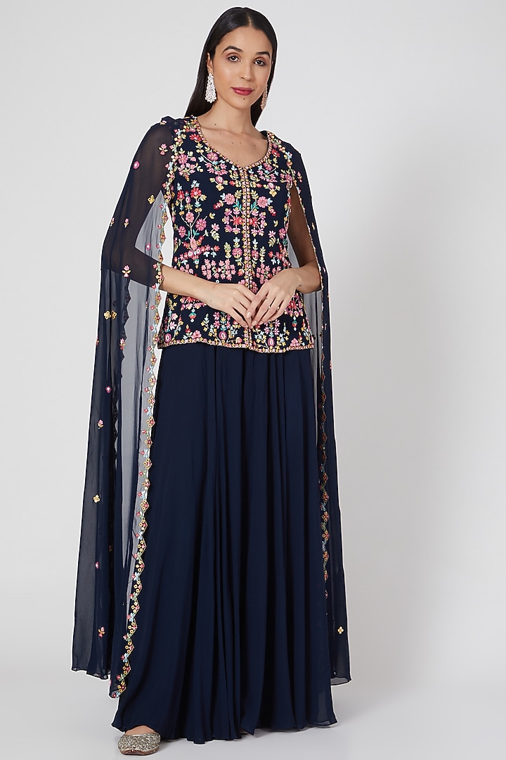Midnight Blue Embroidered Wedding Sharara Set by Aneesh Agarwaal PRET at Pernia's Pop Up Shop