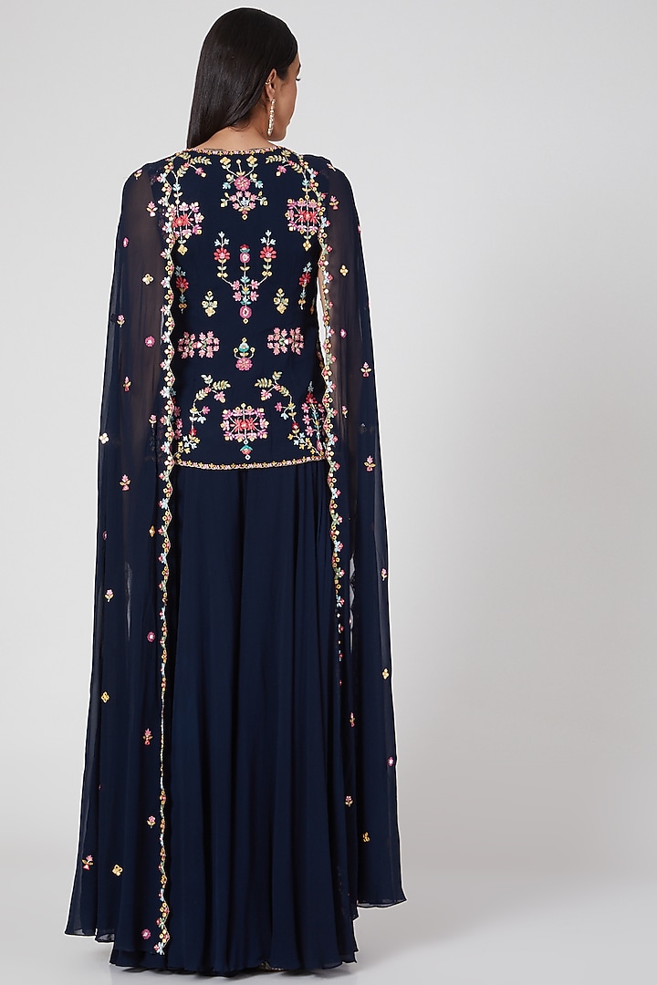 Midnight Blue Embroidered Wedding Sharara Set by Aneesh Agarwaal PRET at Pernia's Pop Up Shop