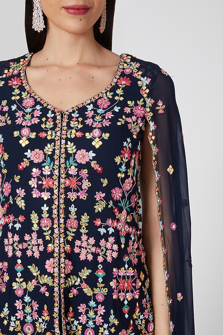Midnight Blue Embroidered Wedding Sharara Set by Aneesh Agarwaal PRET at Pernia's Pop Up Shop
