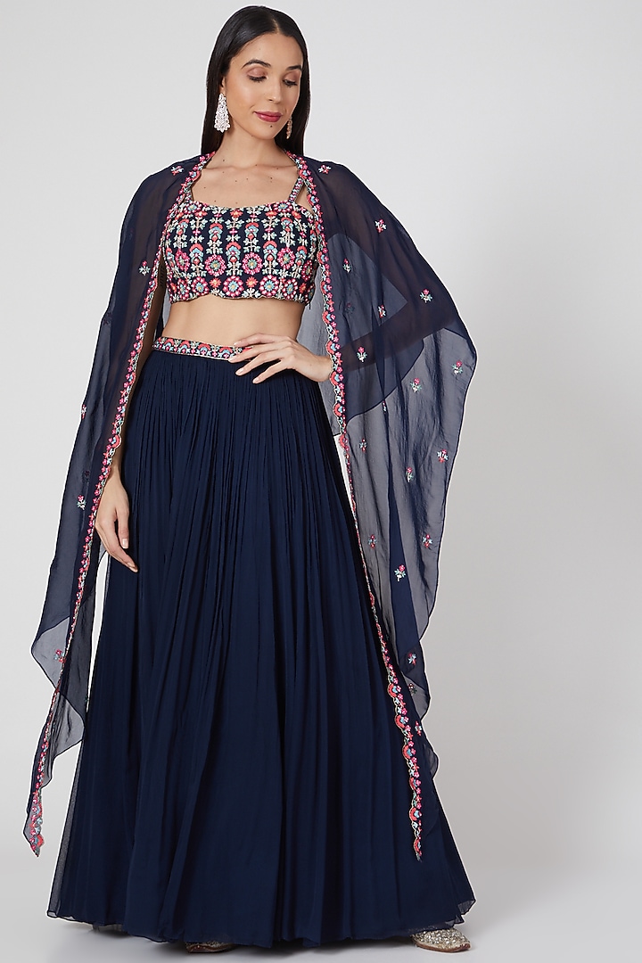 Midnight Blue Chiffon Skirt Set by Aneesh Agarwaal PRET at Pernia's Pop Up Shop
