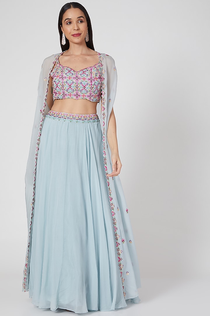 Greyish Blue Embroidered Skirt Set With Cape by Aneesh Agarwaal PRET