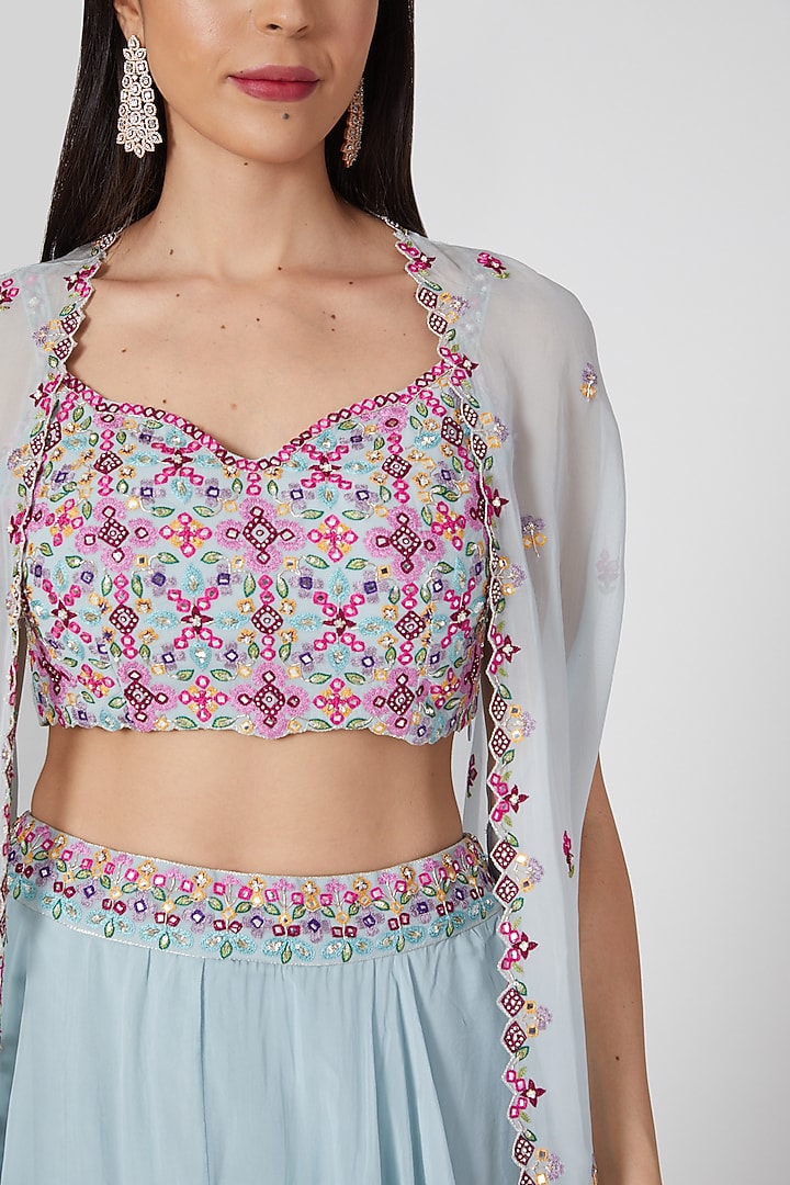 Greyish Blue Organza Embroidered Skirt Set by Aneesh Agarwaal PRET at Pernia's Pop Up Shop