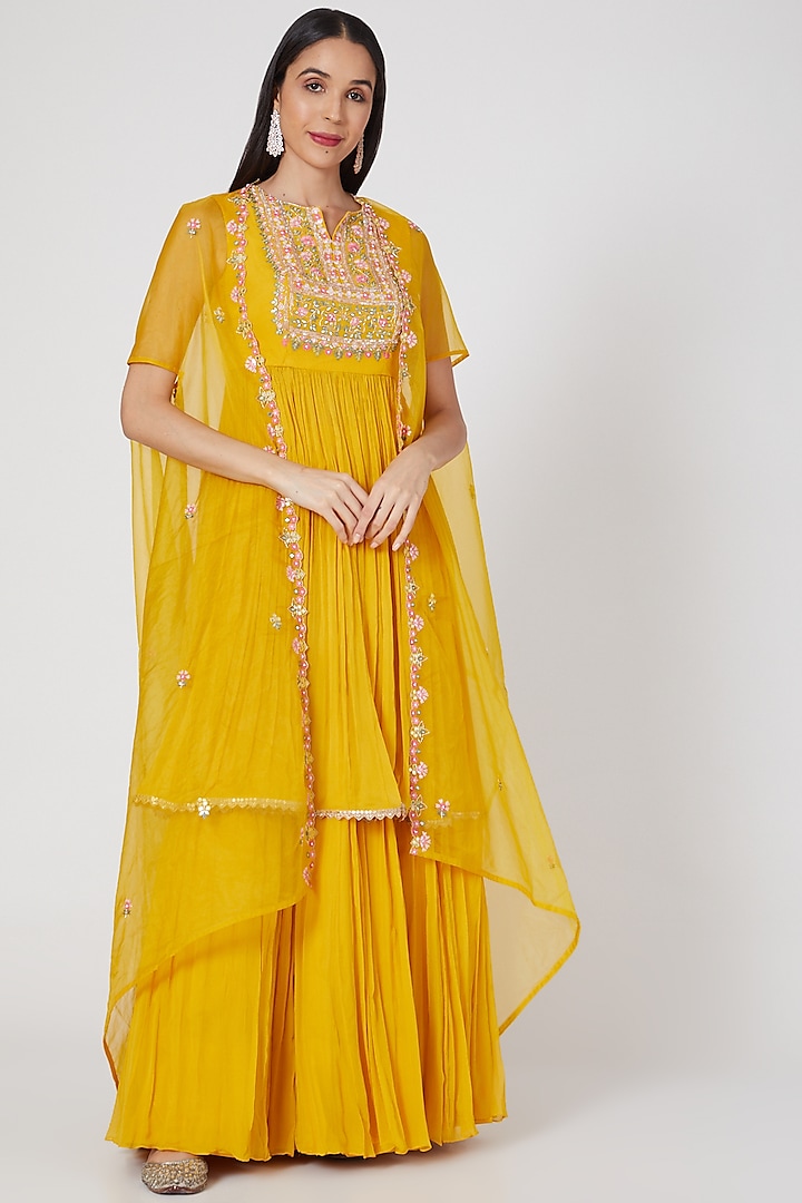 Yellow Chiffon Skirt Set by Aneesh Agarwaal PRET