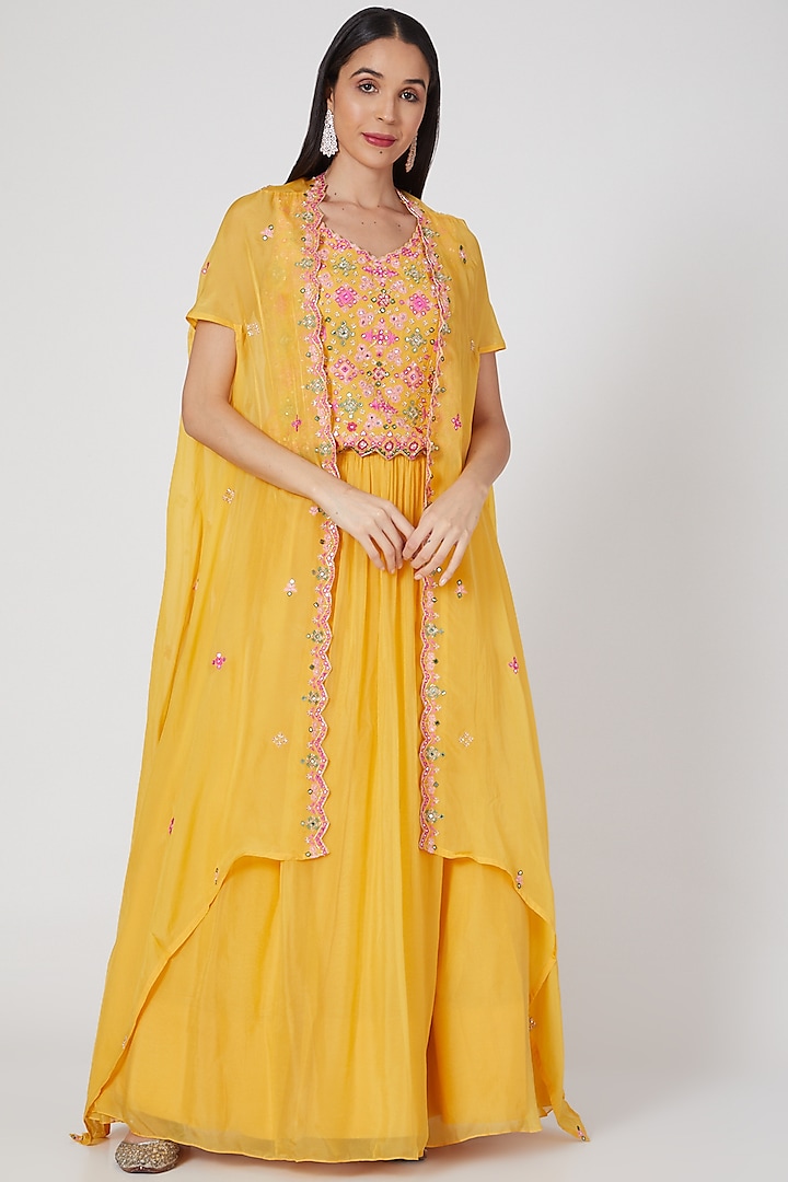 Yellow Embroidered Skirt Set by Aneesh Agarwaal PRET