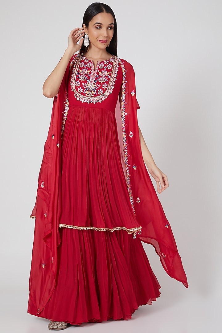 Red Chiffon Skirt Set by Aneesh Agarwaal PRET