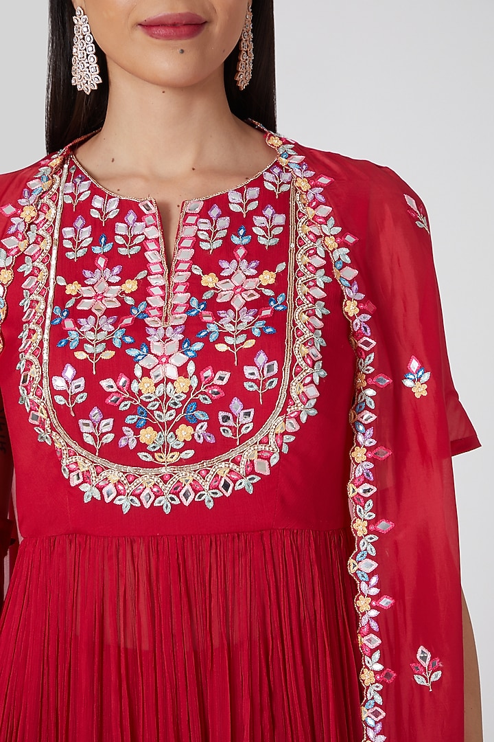 Red Chiffon & Organza Embroidered Kurta Set by Aneesh Agarwaal PRET at Pernia's Pop Up Shop