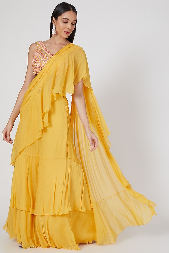 Yellow Ruffled Saree Set With Hand Embroidered Blouse by Aneesh Agarwaal PRET