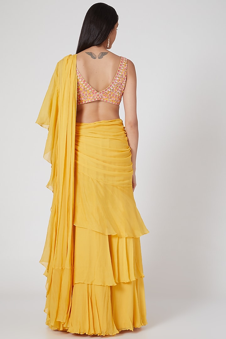 Yellow Ruffled Wedding Saree Set With Hand Embroidered Blouse by Aneesh Agarwaal PRET at Pernia's Pop Up Shop