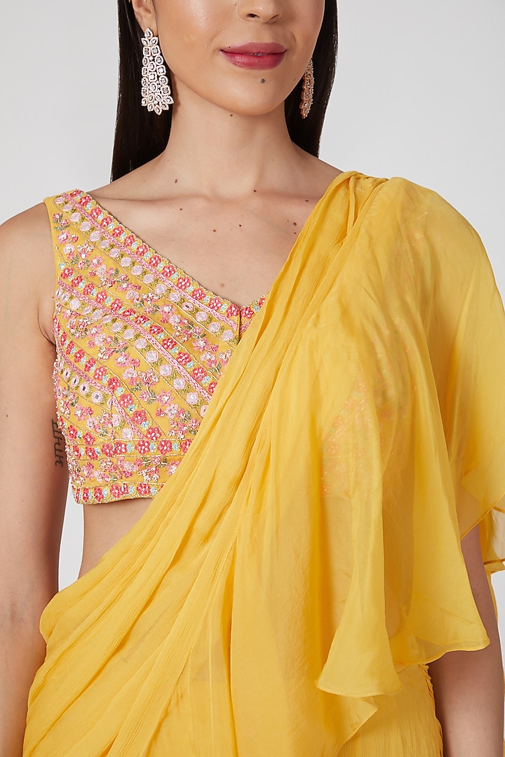 Yellow Ruffled Wedding Saree Set With Hand Embroidered Blouse by Aneesh Agarwaal PRET at Pernia's Pop Up Shop