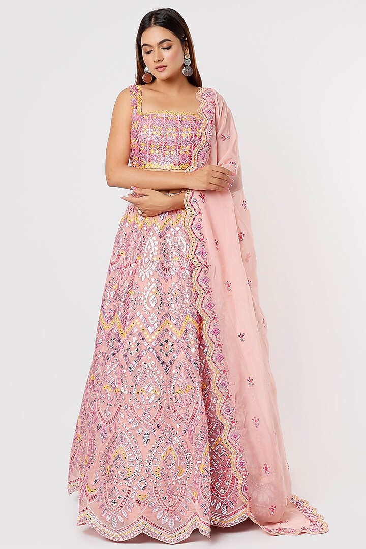 Soft Pink Foil-Embroidered Bridal Lehenga Set by Aneesh Agarwaal at Pernia's Pop Up Shop