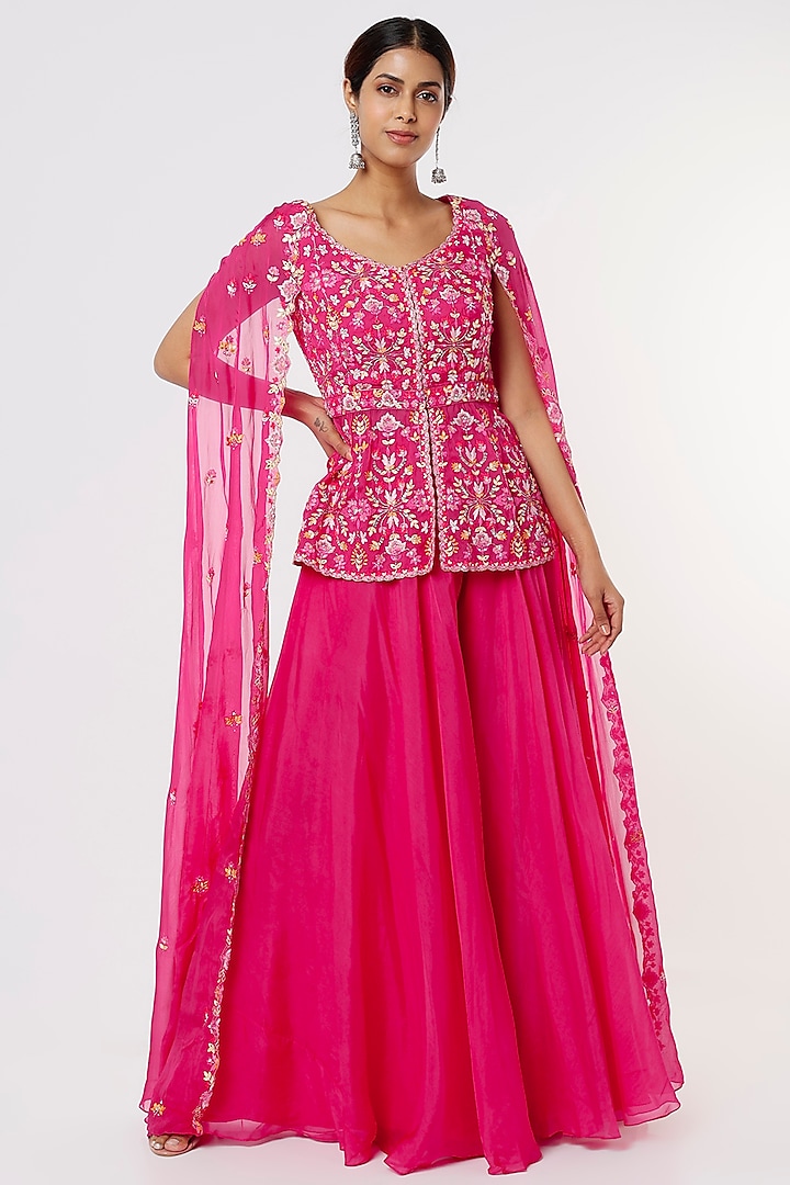 Fuchsia Pink Organza Skirt Set by Aneesh Agarwaal PRET at Pernia's Pop Up Shop