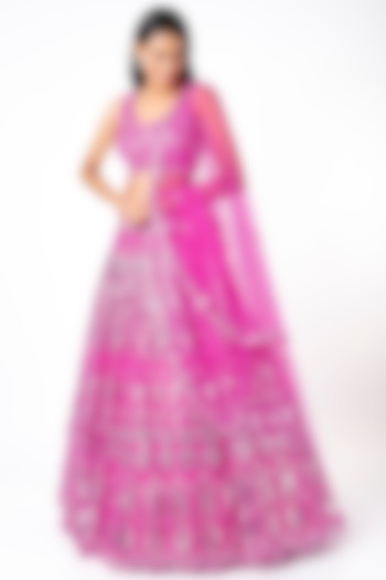 Fuchsia Foil Embroidered Lehenga Set by Aneesh Agarwaal