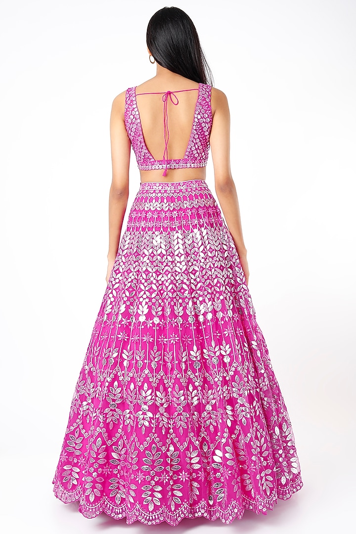 Fuchsia Foil Embroidered Bridal Lehenga Set by Aneesh Agarwaal at Pernia's Pop Up Shop