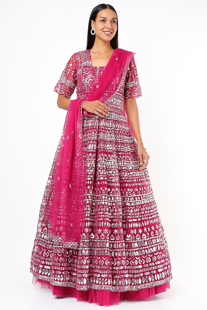 Pink Net Embroidered Jacket Wedding Lehenga Set by Aneesh Agarwaal at Pernia's Pop Up Shop