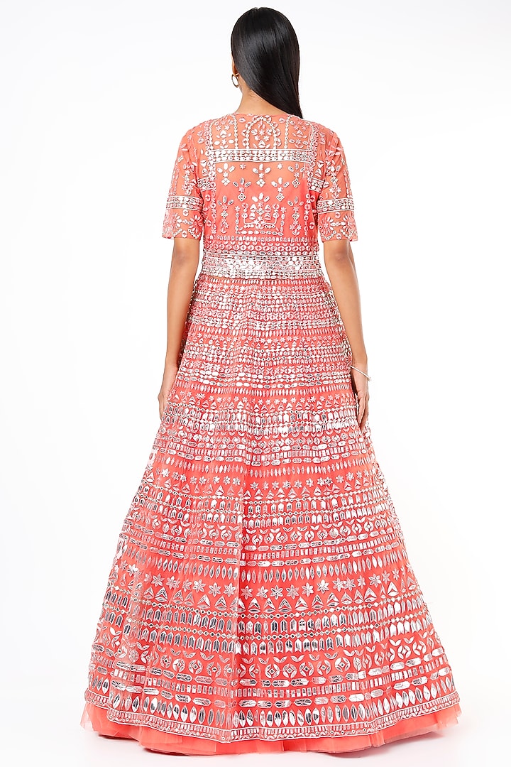 Peach Net Embroidered Jacket Wedding Lehenga Set by Aneesh Agarwaal at Pernia's Pop Up Shop
