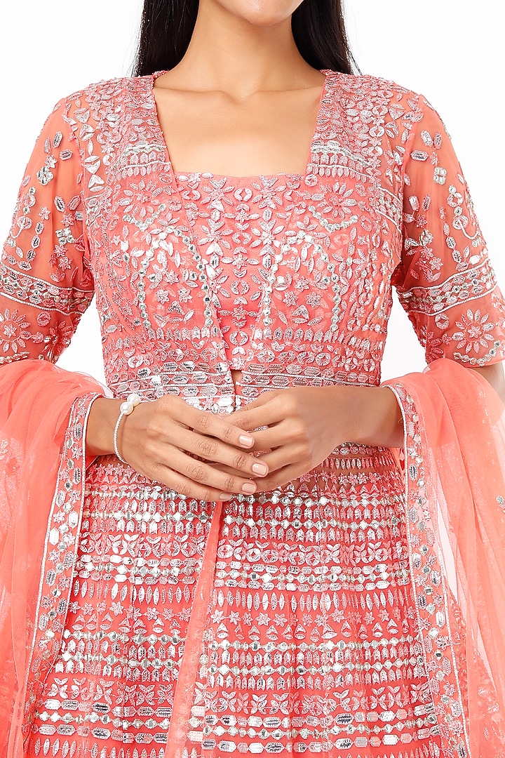 Peach Net Embroidered Jacket Wedding Lehenga Set by Aneesh Agarwaal at Pernia's Pop Up Shop