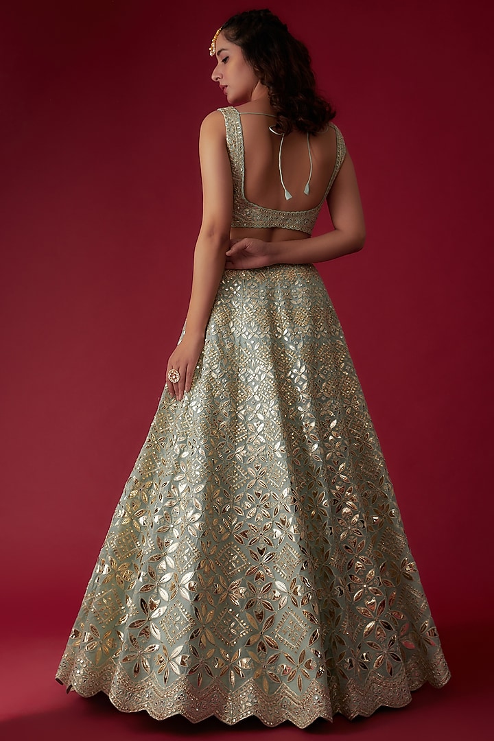 Pastel Green Soft Organza Embroidered Bridal Lehenga Set by Aneesh Agarwaal at Pernia's Pop Up Shop