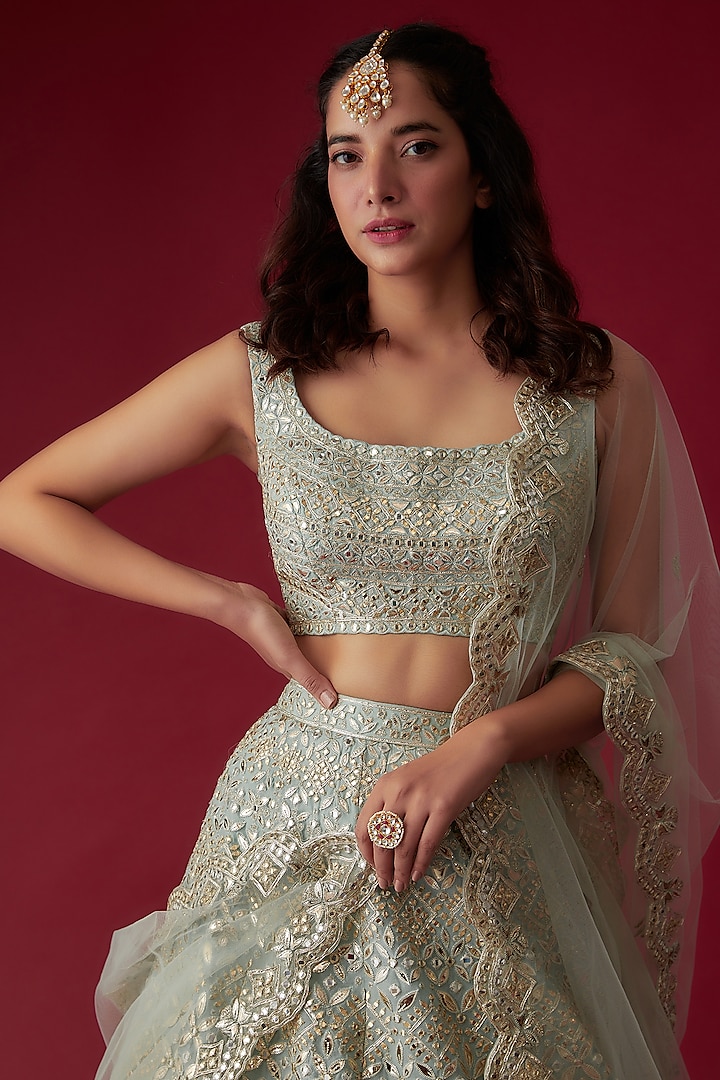 Pastel Green Soft Organza Embroidered Bridal Lehenga Set by Aneesh Agarwaal at Pernia's Pop Up Shop