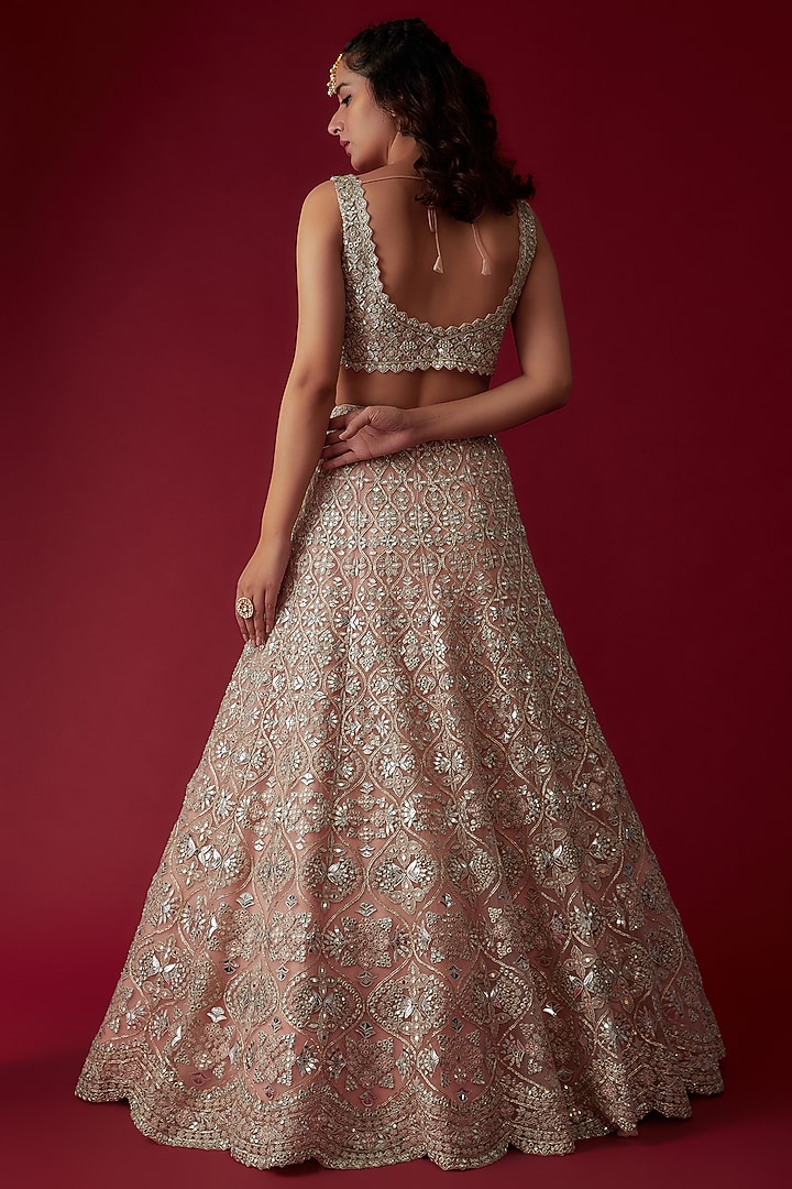 Soft Pink Net Embroidered Bridal Lehenga Set by Aneesh Agarwaal at Pernia's Pop Up Shop
