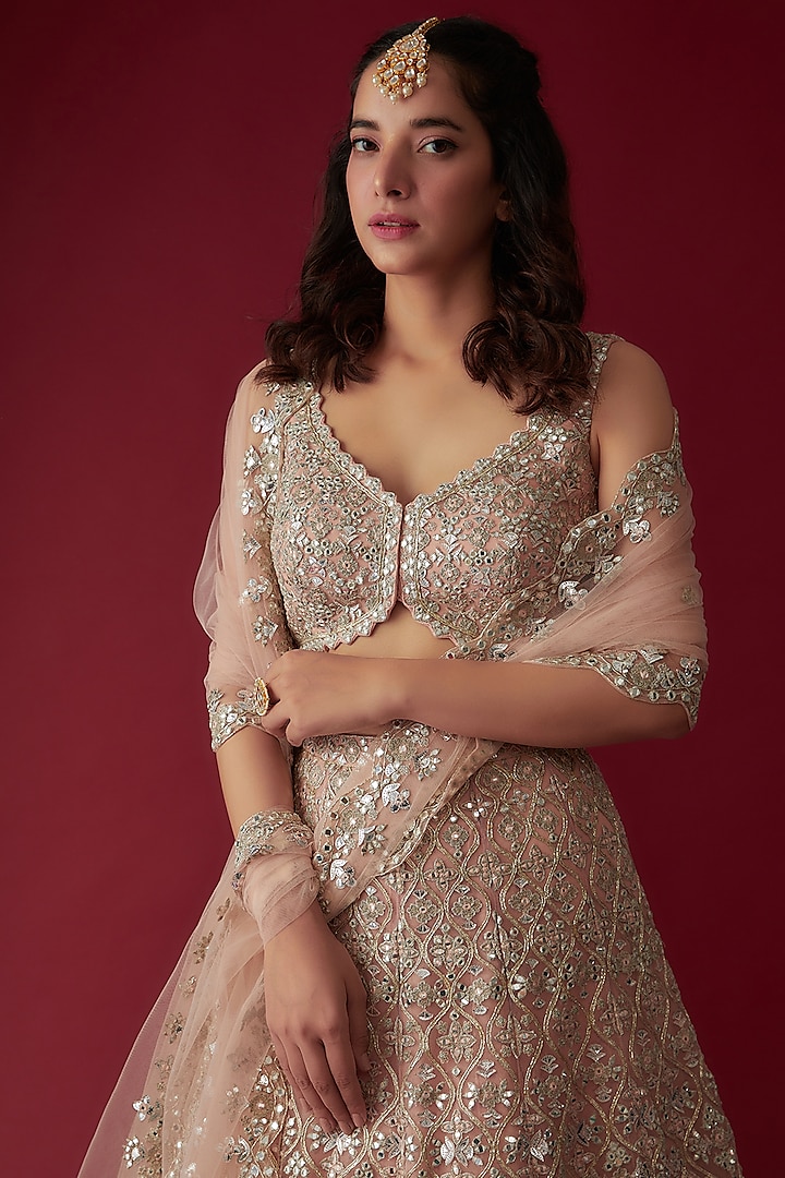 Soft Pink Net Embroidered Bridal Lehenga Set by Aneesh Agarwaal at Pernia's Pop Up Shop