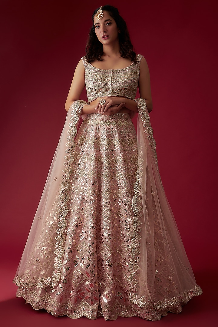 Soft Pink Organza Embroidered Lehenga Set by Aneesh Agarwaal