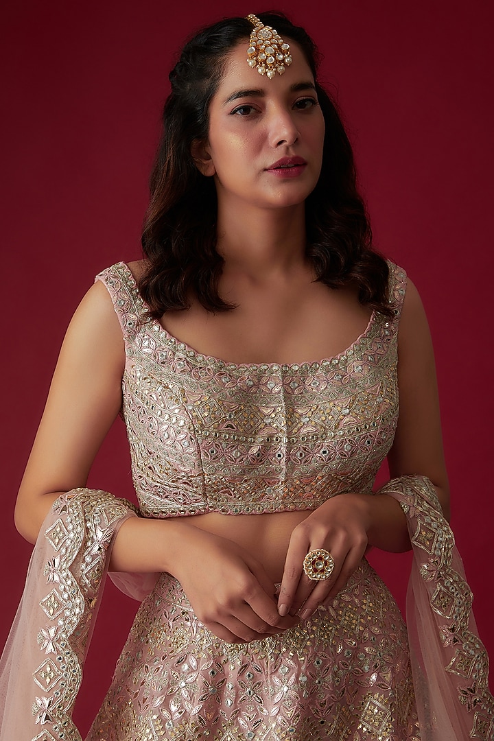Soft Pink Organza Embroidered Bridal Lehenga Set by Aneesh Agarwaal at Pernia's Pop Up Shop
