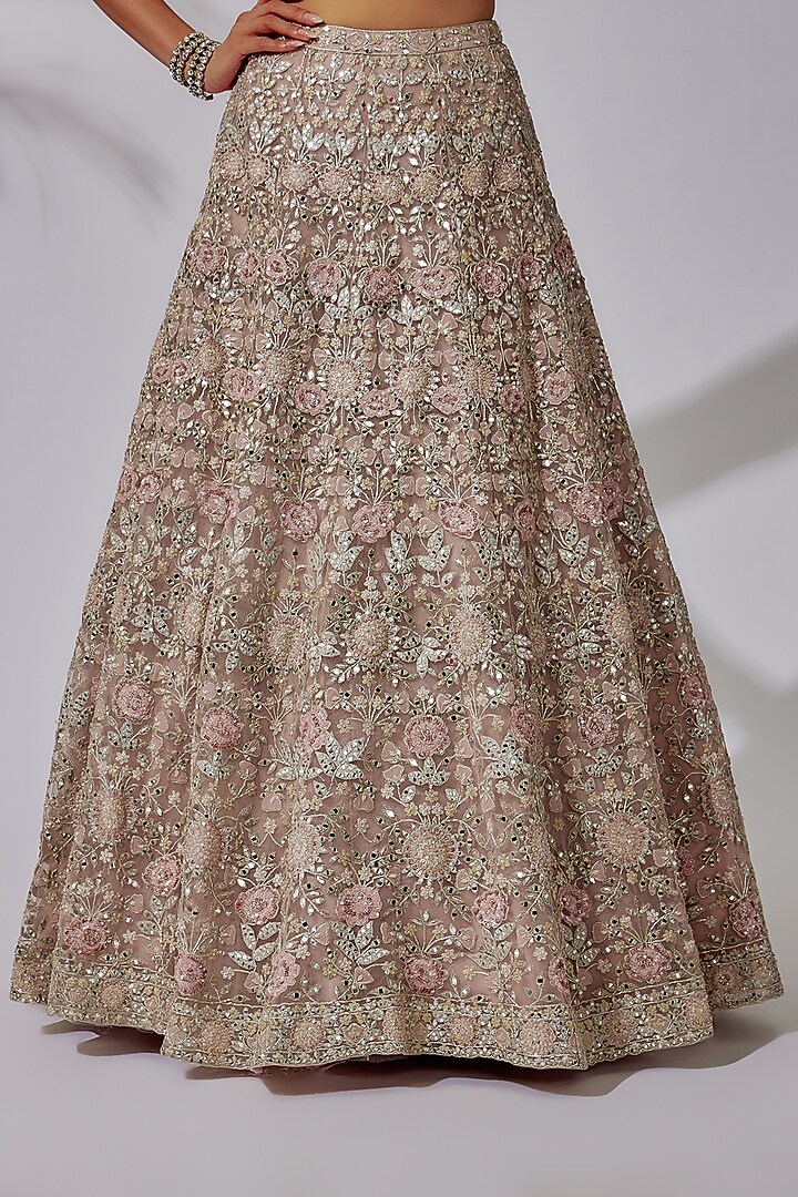 Soft Pink Net Embroidered Bridal Lehenga Set by Aneesh Agarwaal at Pernia's Pop Up Shop