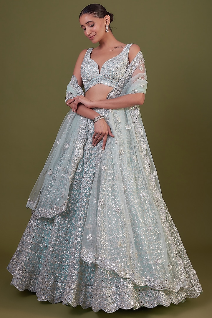 Powder Blue Net Embroidered Wedding Lehenga Set by Aneesh Agarwaal at Pernia's Pop Up Shop