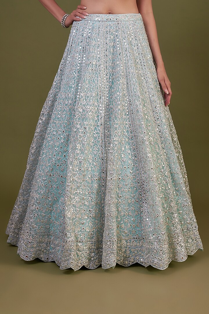Powder Blue Net Embroidered Bridal Lehenga Set by Aneesh Agarwaal at Pernia's Pop Up Shop