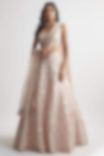 Powder Pink Net Embroidered Wedding Lehenga Set by Aneesh Agarwaal at Pernia's Pop Up Shop