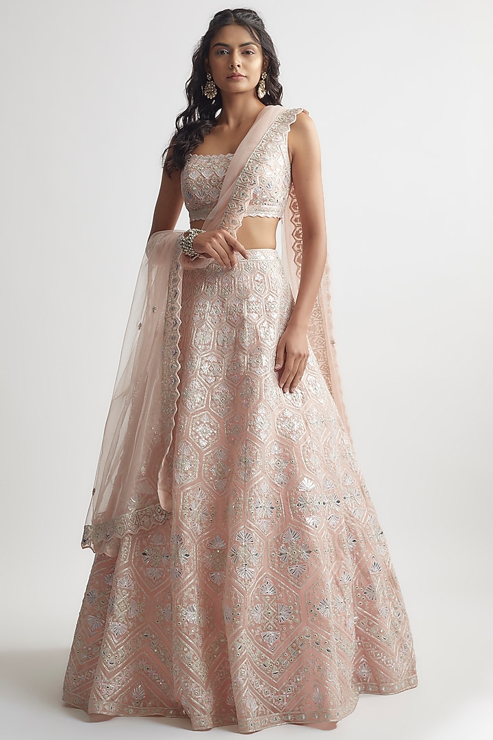 Powder Pink Net Embroidered Lehenga Set by Aneesh Agarwaal