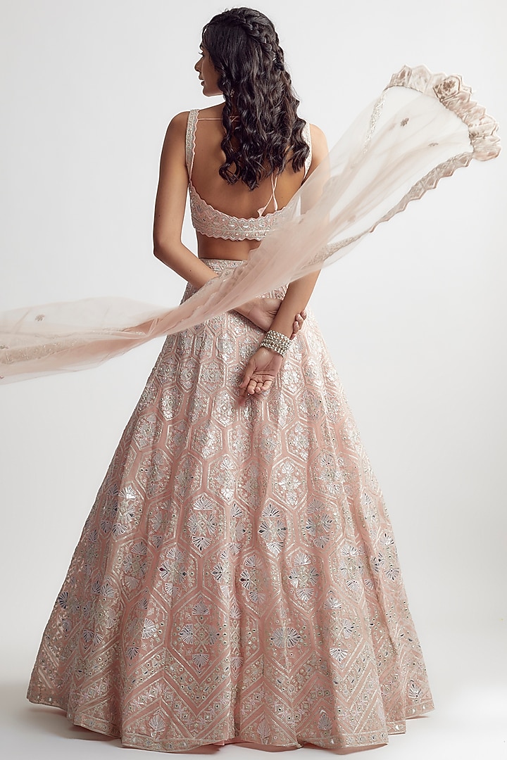 Powder Pink Net Embroidered Bridal Lehenga Set by Aneesh Agarwaal at Pernia's Pop Up Shop