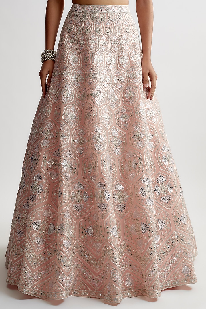 Powder Pink Net Embroidered Bridal Lehenga Set by Aneesh Agarwaal at Pernia's Pop Up Shop