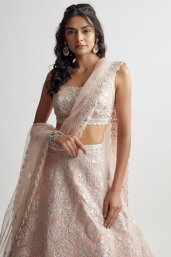 Powder Pink Net Embroidered Bridal Lehenga Set by Aneesh Agarwaal at Pernia's Pop Up Shop