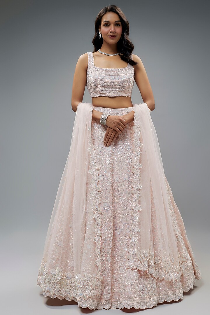 Blush Organza Cutdana Embroidered Bridal Lehenga Set by Aneesh Agarwaal at Pernia's Pop Up Shop