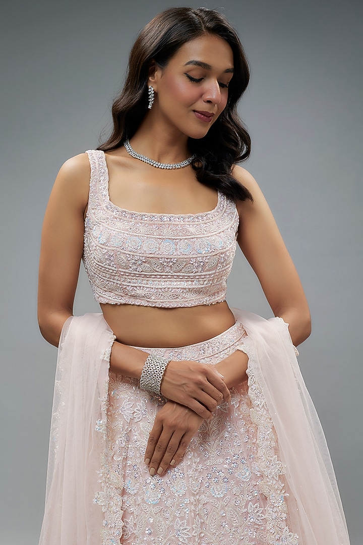 Blush Organza Cutdana Embroidered Bridal Lehenga Set by Aneesh Agarwaal at Pernia's Pop Up Shop
