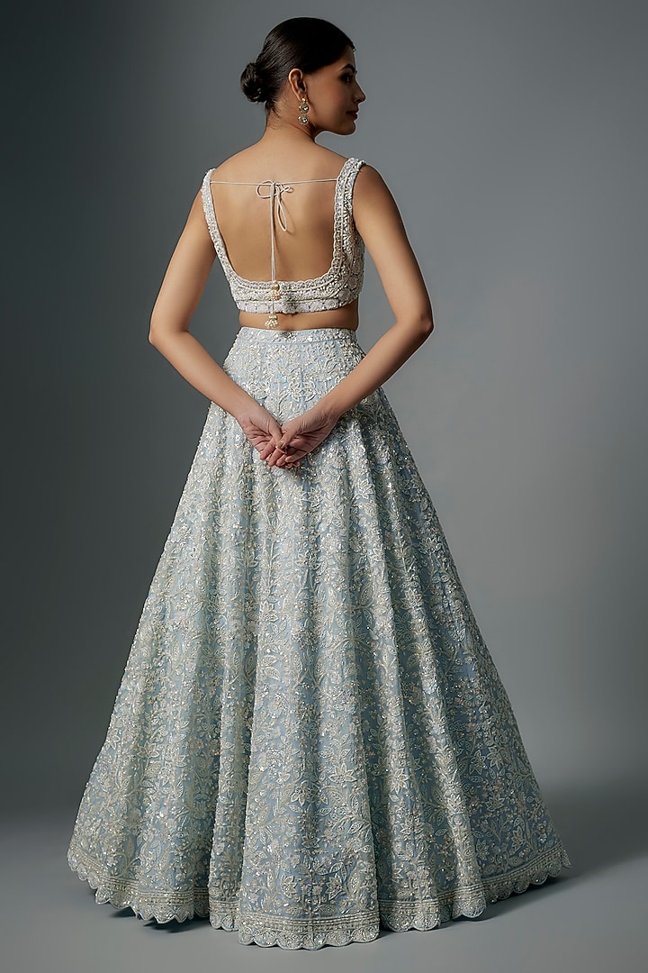 Blue Net Cutdana Embroidered Bridal Lehenga Set by Aneesh Agarwaal at Pernia's Pop Up Shop
