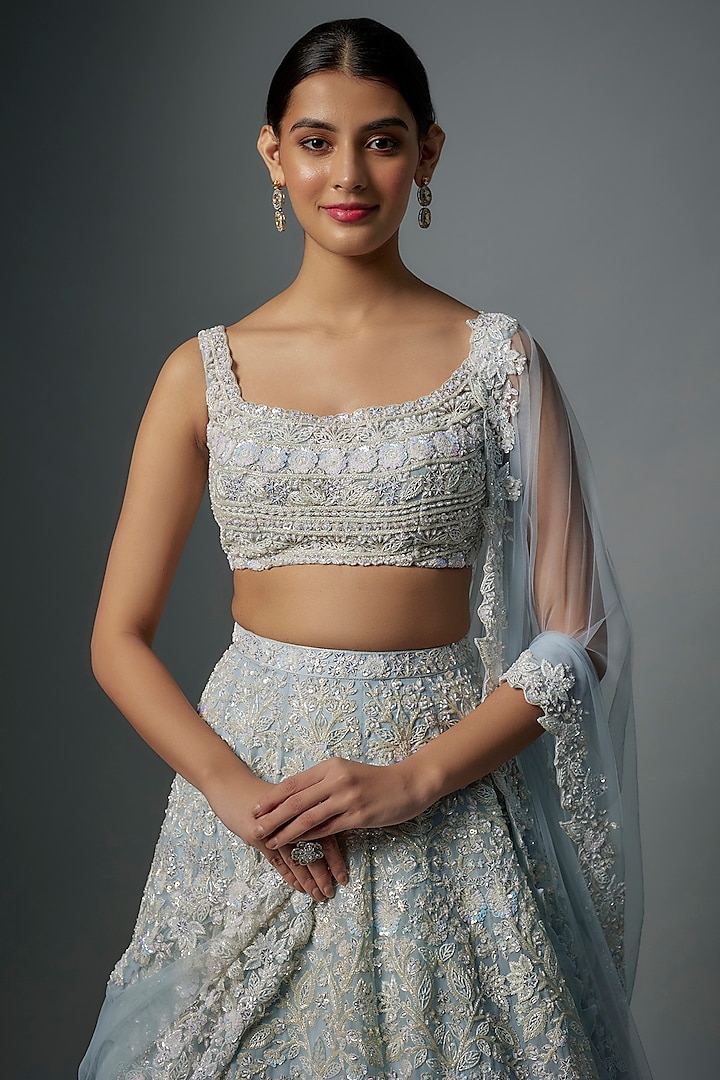 Blue Net Cutdana Embroidered Bridal Lehenga Set by Aneesh Agarwaal at Pernia's Pop Up Shop