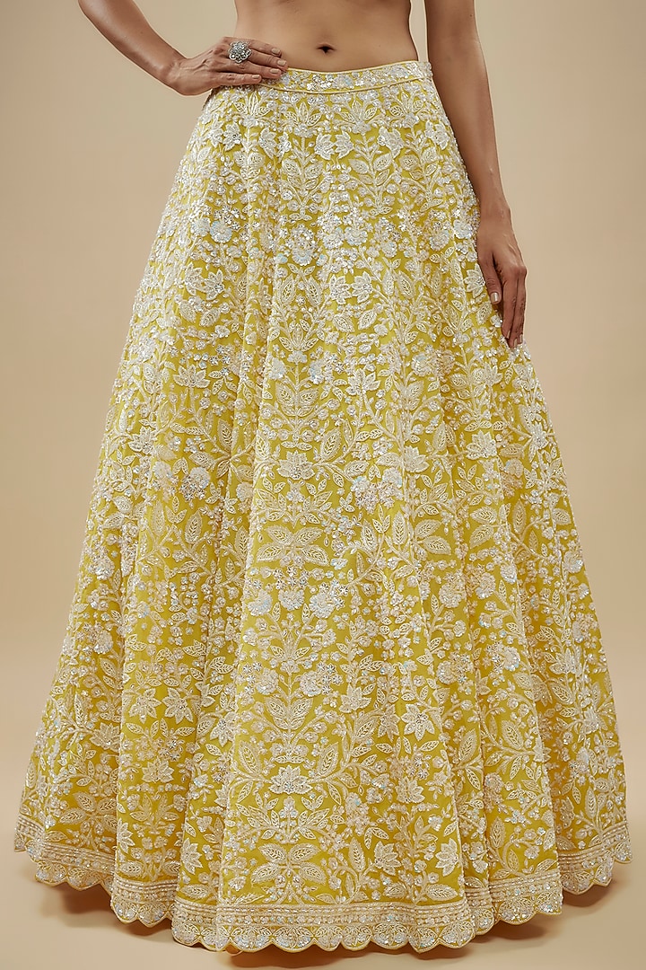 Yellow Net Cutdana Embroidered Bridal Lehenga Set by Aneesh Agarwaal at Pernia's Pop Up Shop