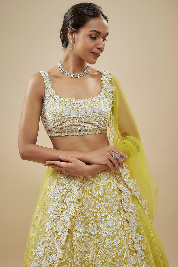 Yellow Net Cutdana Embroidered Bridal Lehenga Set by Aneesh Agarwaal at Pernia's Pop Up Shop
