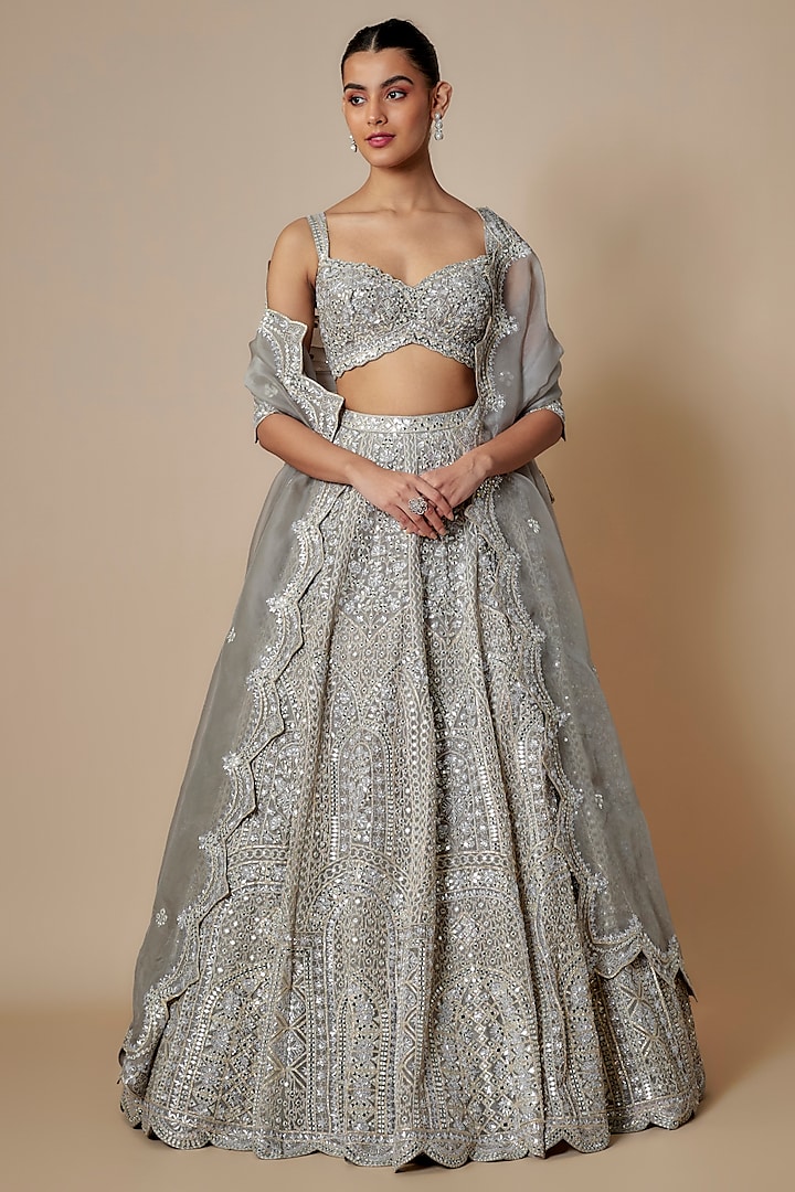 Greyish-Silver Organza Bridal Lehenga Set by Aneesh Agarwaal at Pernia's Pop Up Shop