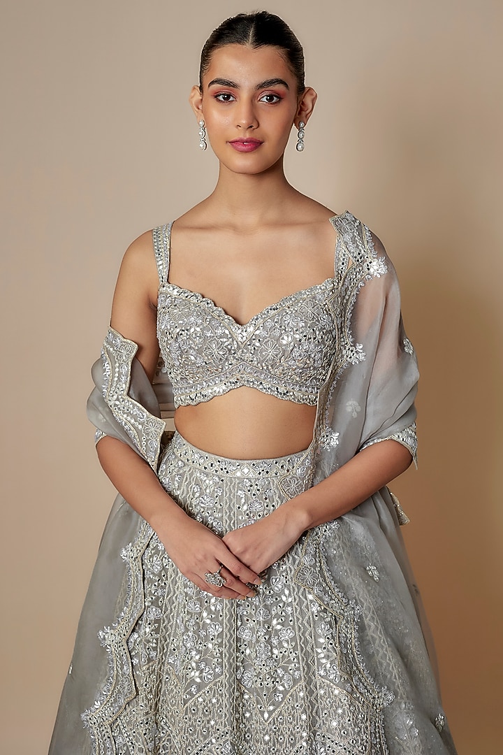 Greyish-Silver Organza Bridal Lehenga Set by Aneesh Agarwaal at Pernia's Pop Up Shop