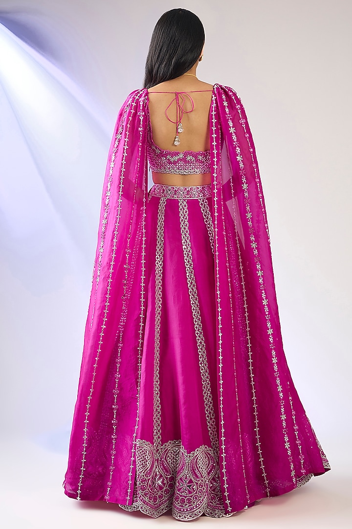 Hot Pink Organza Embroidered Kalidar Bridal Lehenga Set by Aneesh Agarwaal at Pernia's Pop Up Shop